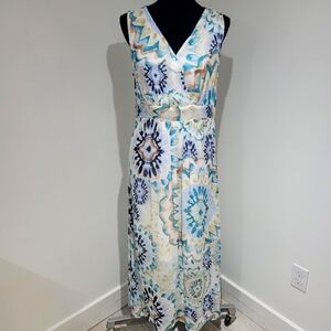 Cream V-Neck Strapless Printed Flowy Maxi Dress Size 38 Blue and White